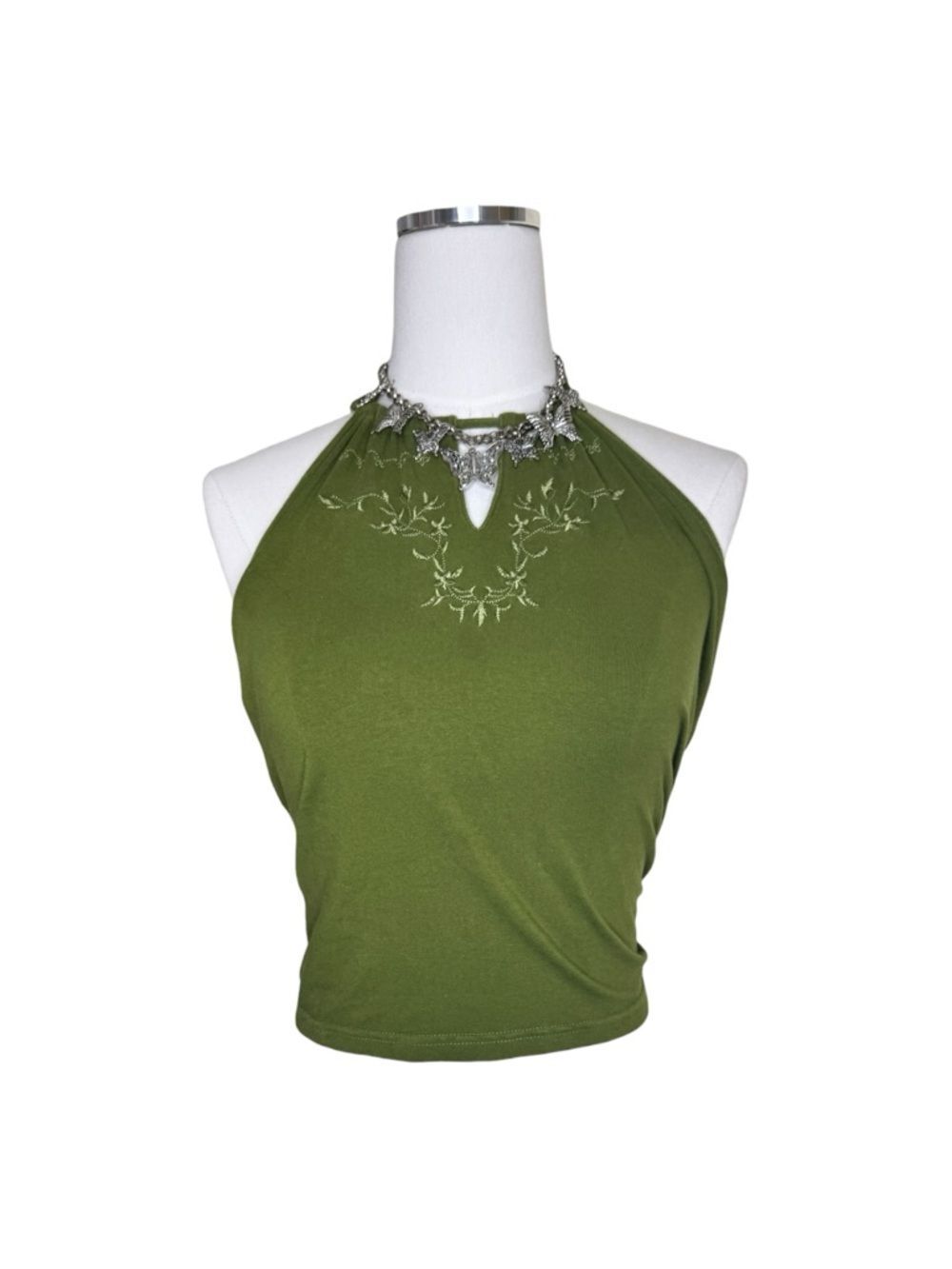 Y2K Arizona Olive Green Halter Tank Top with Embroidered Neckline Size Large
